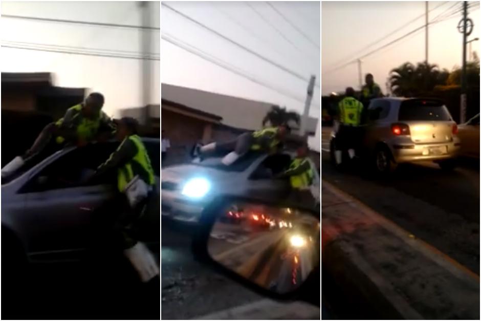 El agente se sostuvo del veh&iacute;culo como pudo para no caer y ser arrollado por el conductor. (Captura Facebook)