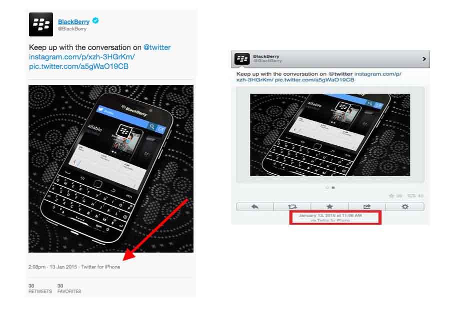 Blackberry public&oacute; un "tuit" utilizando como medio un tel&eacute;fono iPhone.&nbsp;