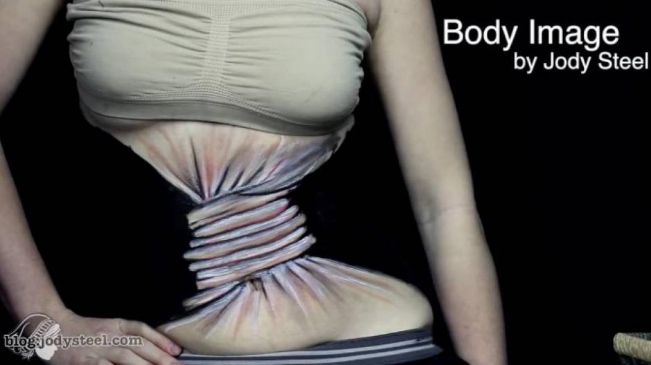 Jody Steel&nbsp;con&nbsp;pinturas logr&oacute; hacer una ilusion &oacute;pitca que llam&oacute;&nbsp;"Body Image"&nbsp;(Imagen Corporal). (Foto: www,rightthisminute.com)&nbsp;