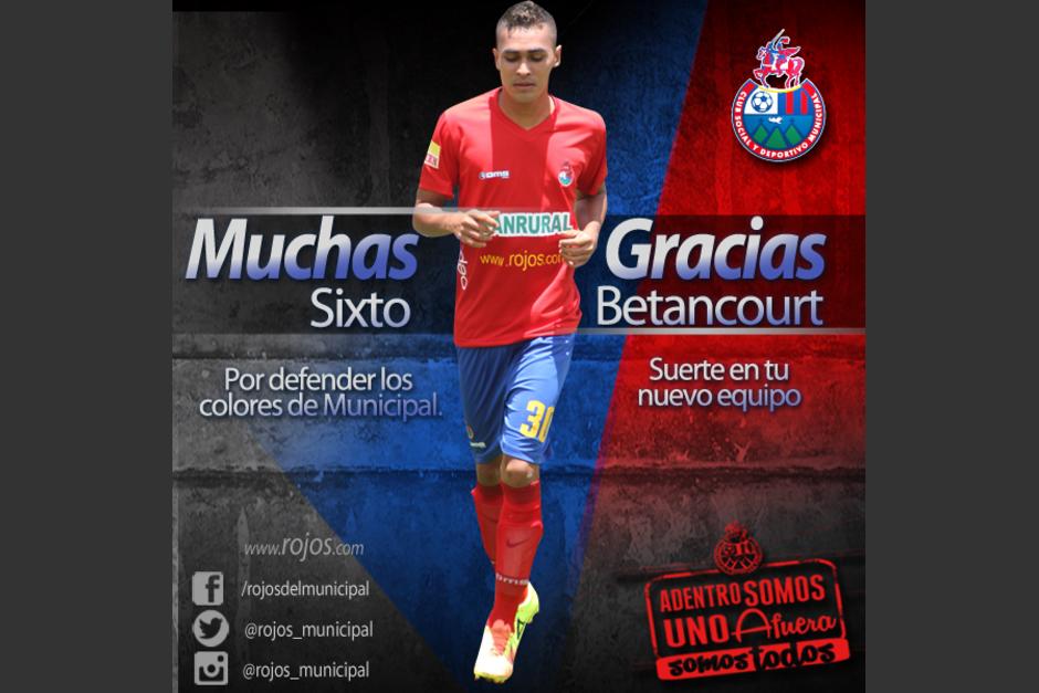 Con este mensaje el Club Municipal despide al zaguero nacional Sixto Betancourt, quien va al Cartagin&eacute;s de Costa Rica. (Foto: Club Municipal)