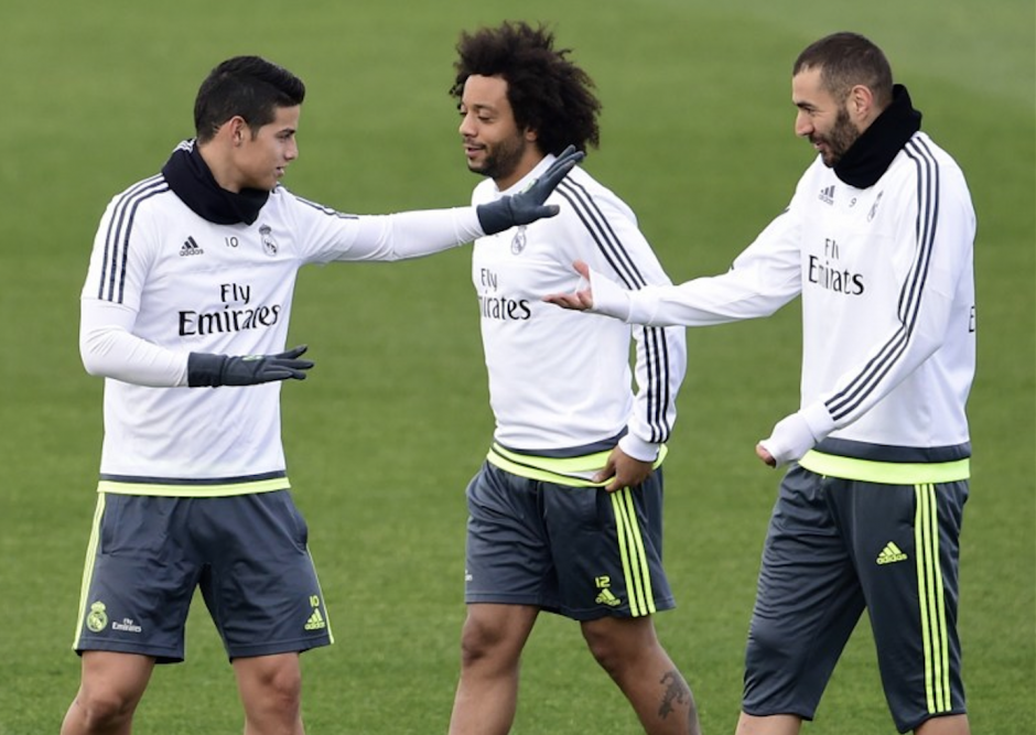 James Rodr&iacute;guez, Marcelo y Benzema podr&iacute;an reaparecer en el once titular del Real Madrid. (Foto: AFP)