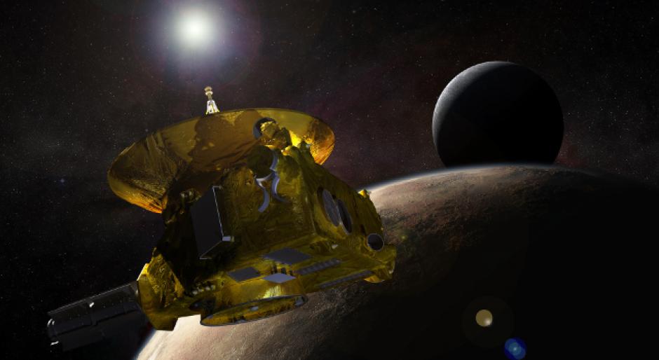 Concepto de la nave espacial New Horizons que se acerca al planeta Plut&oacute;n y su luna m&aacute;s grande, Caronte. (Imagen: Universidad Johns Hopkins de F&iacute;sica Aplicada del Instituto de Investigaci&oacute;n / Laboratorio Sudoeste)