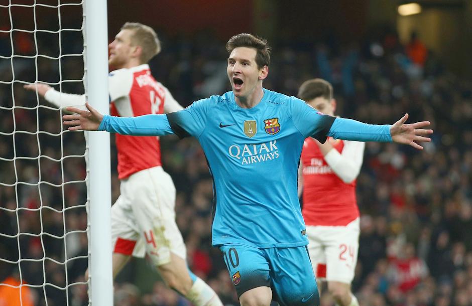 Messi y su doble festejo frente al Arsenal por la Champions. (Foto: Getty)