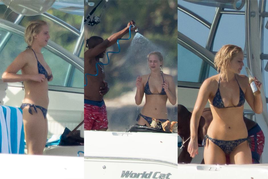 Jennifer Lawrence lució un diminuto bikini en un yate en Las Bahamas. (Foto: telemundo.com)