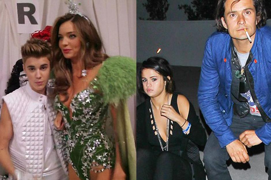 Justin Bieber junto a la super modelo Miranda Kerr y Selena G&oacute;mez junto al actor Orlando Bloom.&nbsp;