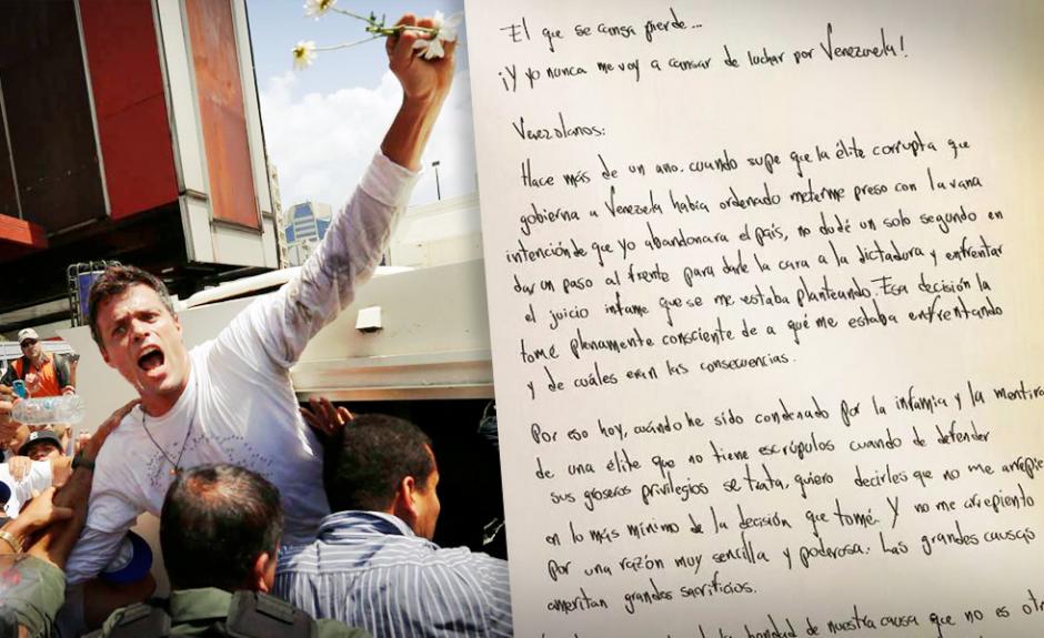 Leopoldo L&oacute;pez escribe emotiva carta para sus seguidores luego de conocer su sentencia por la justicia venezolana. &nbsp;(Foto: lapatilla.com)