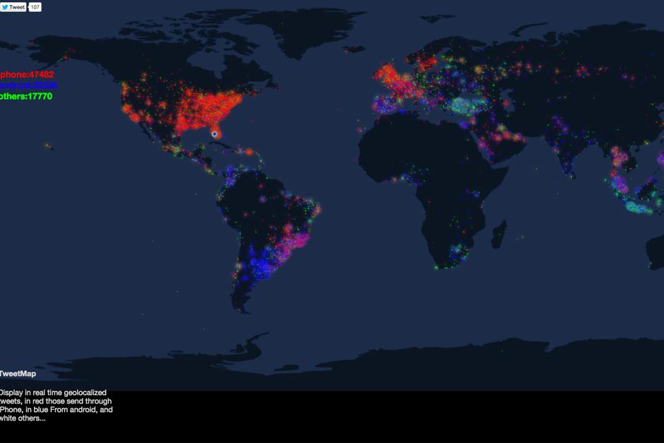 Este mapa interactivo registra con que sistema operativo se envian m&aacute;s tweets en el mundo.&nbsp;