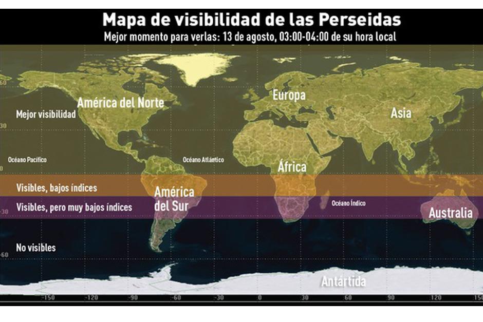 Mapa de visibilidad de las Perseidas, una de las lluvia de estrellas m&aacute;s intensas. (Foto: NASA)
