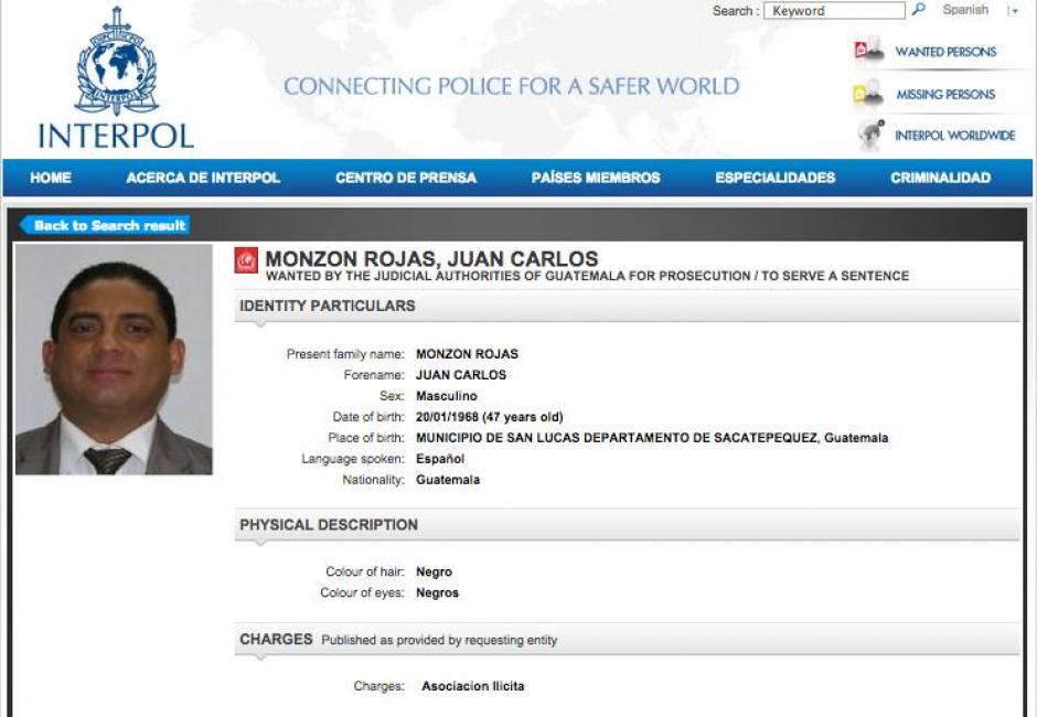 Vista de la alerta que levantó la Interpol en contra de Juan Carlos Monzón. (Foto: Interpol.int)