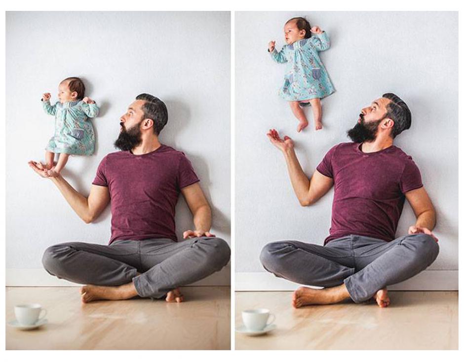El orgulloso padre juega con su hijo reci&eacute;n nacido utilizando la perspectiva para lograr esta serie de im&aacute;genes. (Foto: Kt&oacute;s Na Przyczepke)
