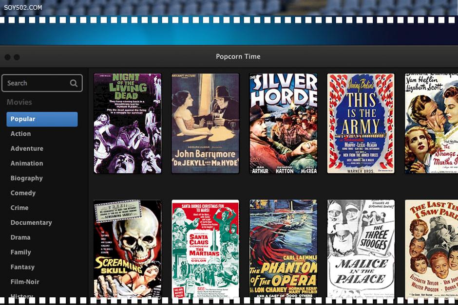 La aplicaci&oacute;n Popcorn Time, luce un interfaz sencillo y sencillo de usar. (Captura de imagen/PopcornTime)