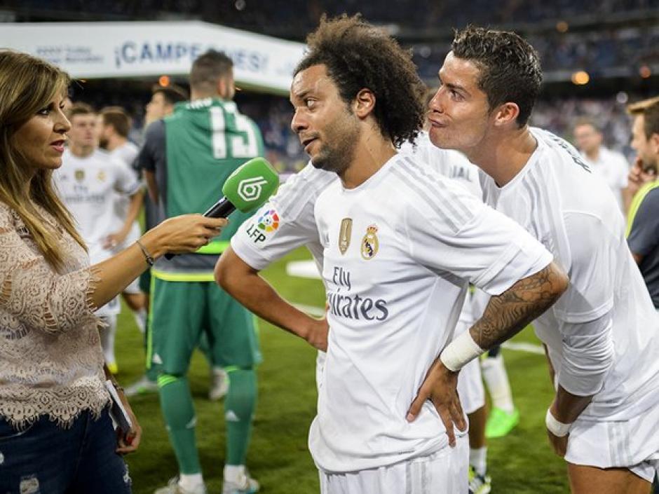 James Rodr&iacute;guez y Cristiano Ronaldo bromearon con Marcelo durante una entrevista al finalizar el partido del pasado martes. (Foto: elbocon.pe)