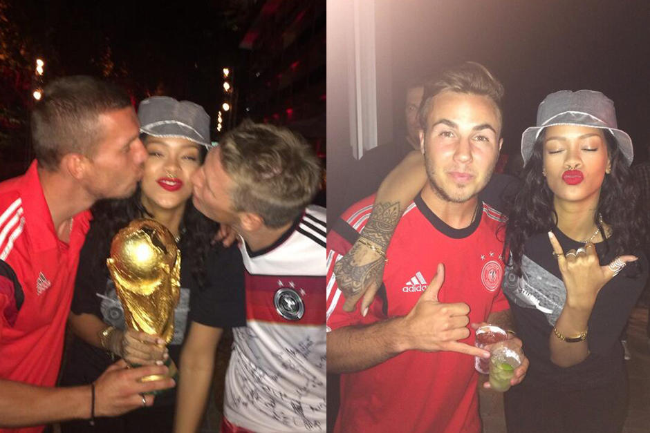 La cantante Rihanna toc&oacute;, abraz&oacute; y bes&oacute; la copa del Mundo. (Foto: Twitter)