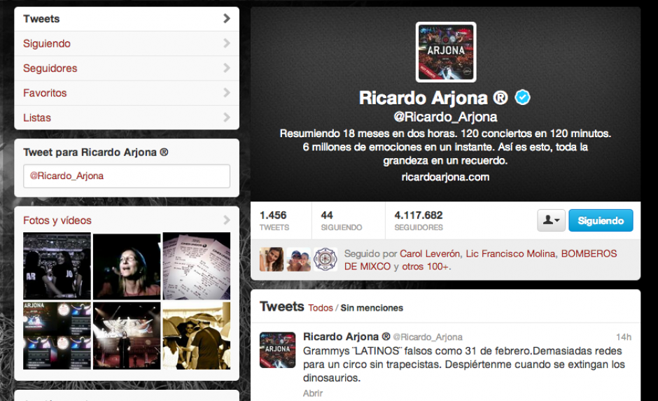 El cantautor guatemalteco, Ricardo Arjona, cuenta con m&aacute;s de 4 millones de seguidores en su cuenta de Twitter.&nbsp;