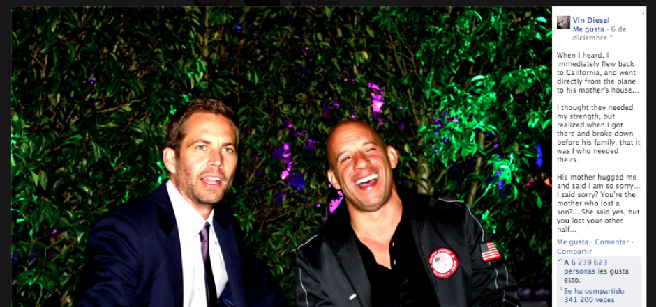 Un emotivo y conmovedor mensaje que fue escrito en la fan page de Vin Diesel ha sido comentado en todas las redes sociales y en el muro lleva 6 millones 200 mil likes. (Foto: Facebook)