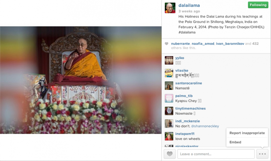 El Dalai Lama ya cuenta con m&aacute;s de 16 mil seguidores en Instagram donde ha subido 16 fotos. (Instagram)&nbsp;