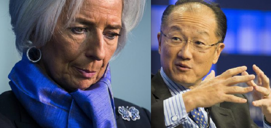 Christine Lagarde, derectora gerente del Fondo Monetario Internacional y Jim Yong Kim, presidente del Banco Mundial. (Fotos: EFE)