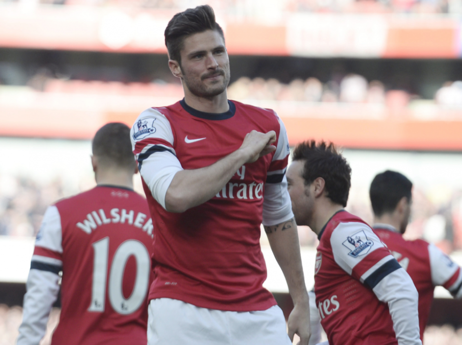 Olivier Giroud, del Arsenal, celebra un gol durante el partido de f&uacute;tbol de la Premier League entre el Arsenal y el Sunderland en el Emirates Stadium en Londres, Inglaterra, el 22 de febrero de 2014. El jugador franc&eacute;s es uno de los m&aacute;s atractivos que acudir&aacute; al Mundial de Brasil (Foto: EFE / EPA / FACUNDO ARRIZABALAGA)