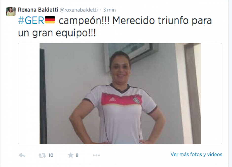La &nbsp;foto que comparti&oacute; Roxana Baldetti poco despu&eacute;s del triunfo de Alemania.&nbsp;