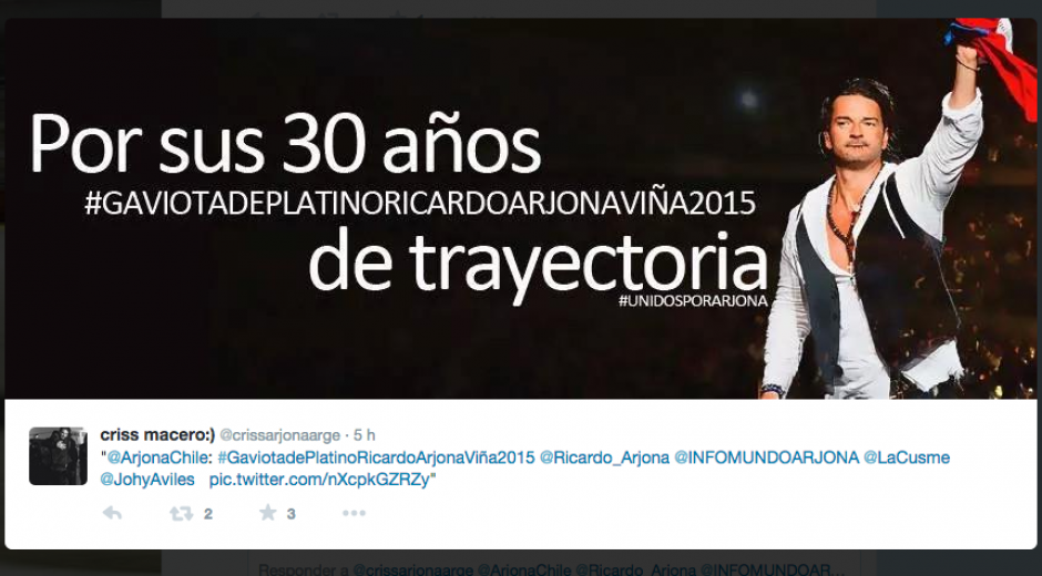 Miles de fans de Ricardo Arjona, invaden las redes sociales, para pedir "La Gaviota de Platino" para el guatemalteco, en el Festival de Viña del Mar 2015.
