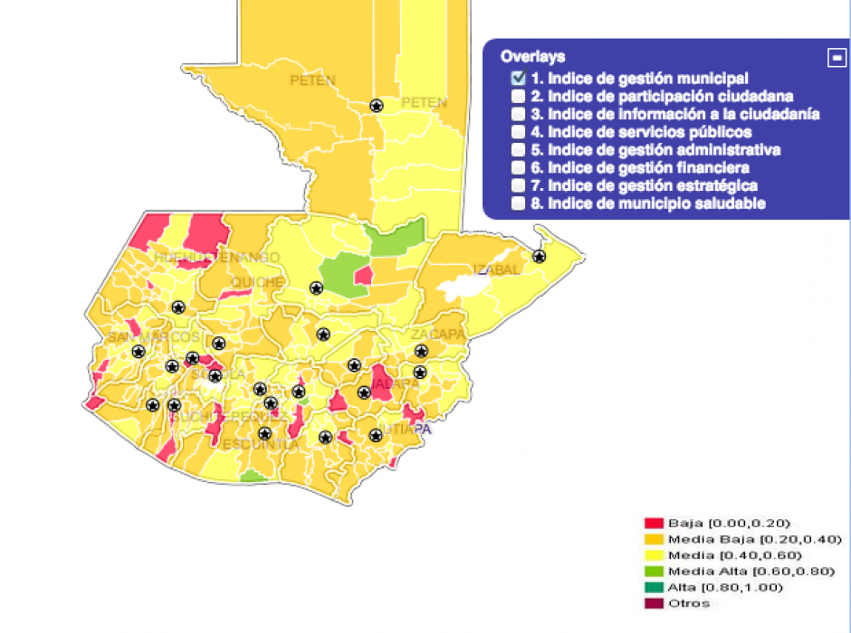 El mapa muestra el &iacute;ndice de Gesti&oacute;n Municipal de todos los municipios del pa&iacute;s en 2012. En verde los mejor calificados. (Foto: Segeplan/Soy502)