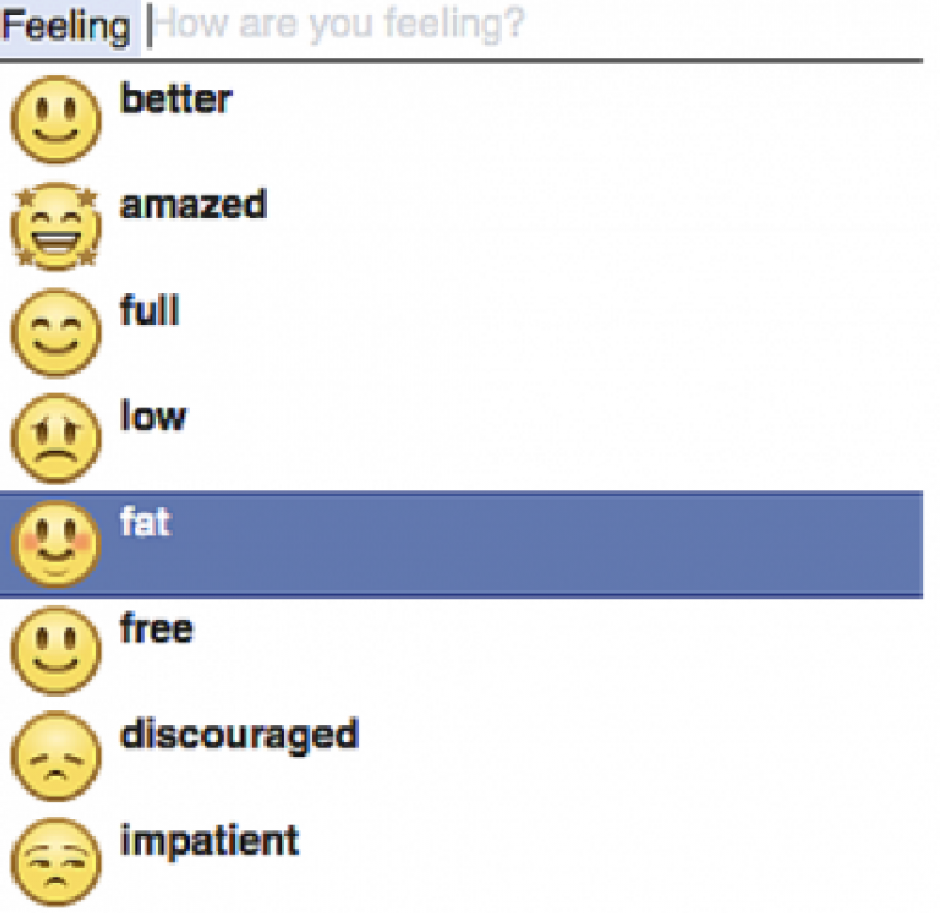 El emoticono de Facebook "Me siento gordo" fue eliminado de las opciones de la popular red social.&nbsp;