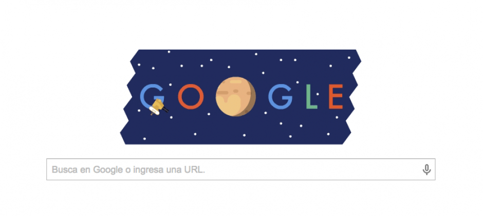 El "doodle" de Google en honor a la llegada de la sonda "New Horizons" al planeta Plut&oacute;n. (imagen: Google)