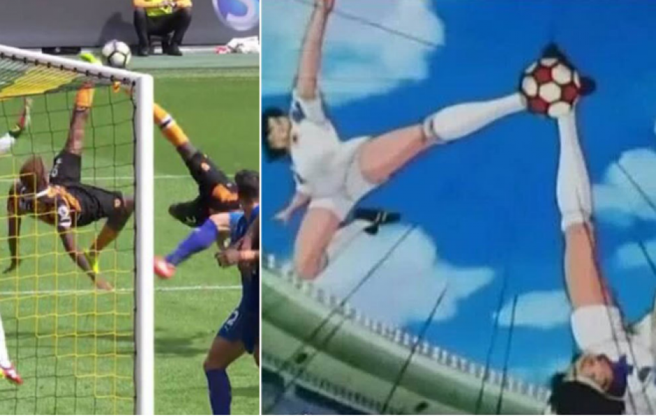 La comparaci&oacute;n entre el gol del Hull y el de Oliver y Benji. (Fotoarte: MARCA.com)