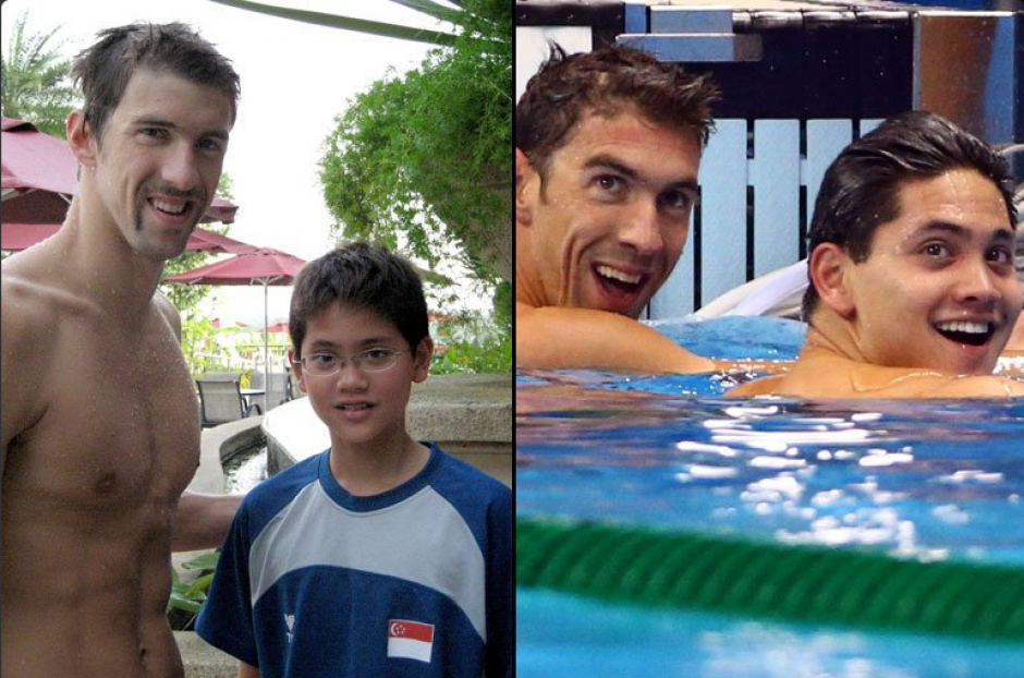 Joseph Schooling, en 2008 y 2016 con Phelps. (Foto: Twitter)
