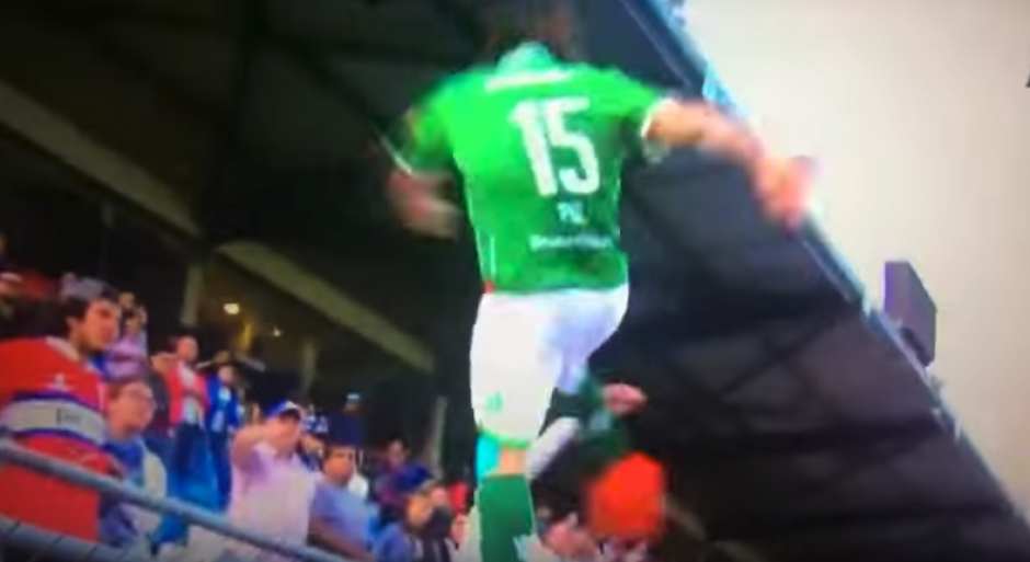 Marco Sebasti&aacute;n Pol lanz&oacute; una patada a un hincha. (Captura de Pantalla)