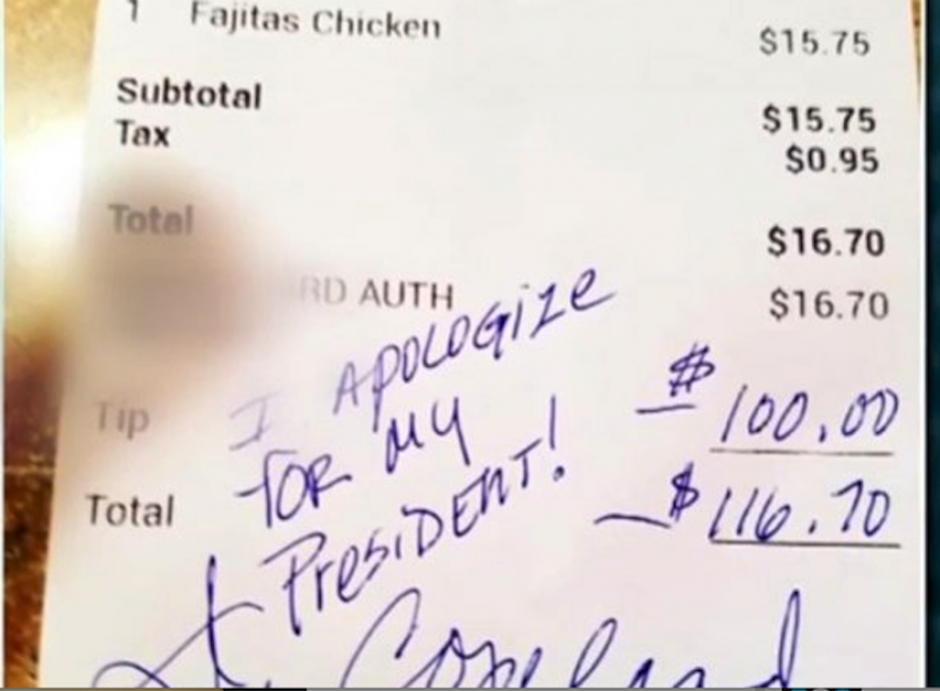 Aunque el consumo fue de 16.70 d&oacute;lares, la mujer dej&oacute; una generosa propina al mesero latino que la atendi&oacute;. (Imagen: captura de pantalla)
