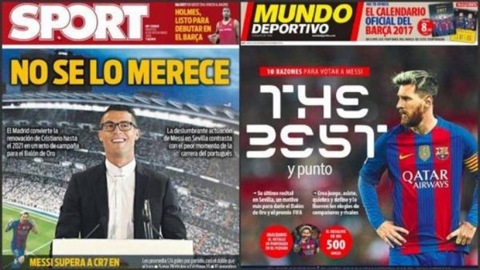 Las portadas de Sport y Mundo Deportivo contra CR7 y en favor de Messi. (Foto: Twitter)