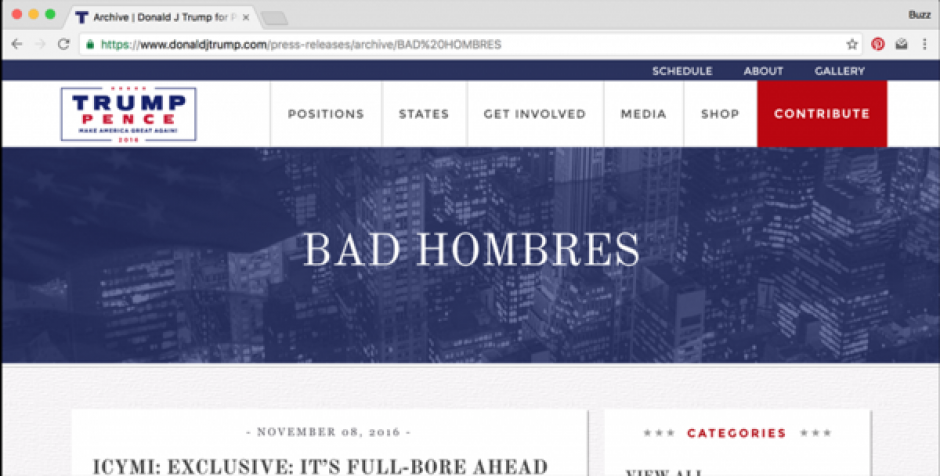 &ldquo;Hombres malos&rdquo;, la despectiva expresi&oacute;n de Donald Trump sobre los mexicanos fue uno de los textos que los hackers pusieron en el header del sitio de Trump. (Imagen: captura de pantalla) 