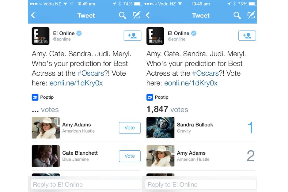 La aplicacion creada por la empresa Poptin, fue elaborada para que usuarios de Twitter votenpor sus actores favoritos en los Premios Oscar.&nbsp;