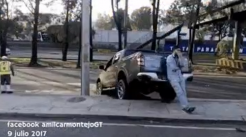 Conductor derriba un &aacute;rbol en ingreso a centro comercial de zona 11
