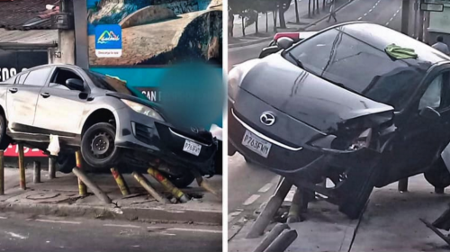 ¡En el aire! Así quedó este carro en extraño accidente