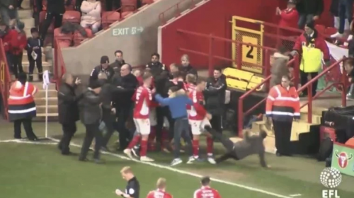 Se metió a la cancha a festejar, resbaló y lesionó a un jugador