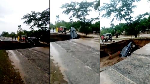 Carro cae en una ruta colapsada por la lluvia en Honduras (video)