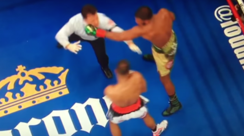 &Aacute;rbitro recibe brutal pu&ntilde;etazo durante una pelea de boxeo